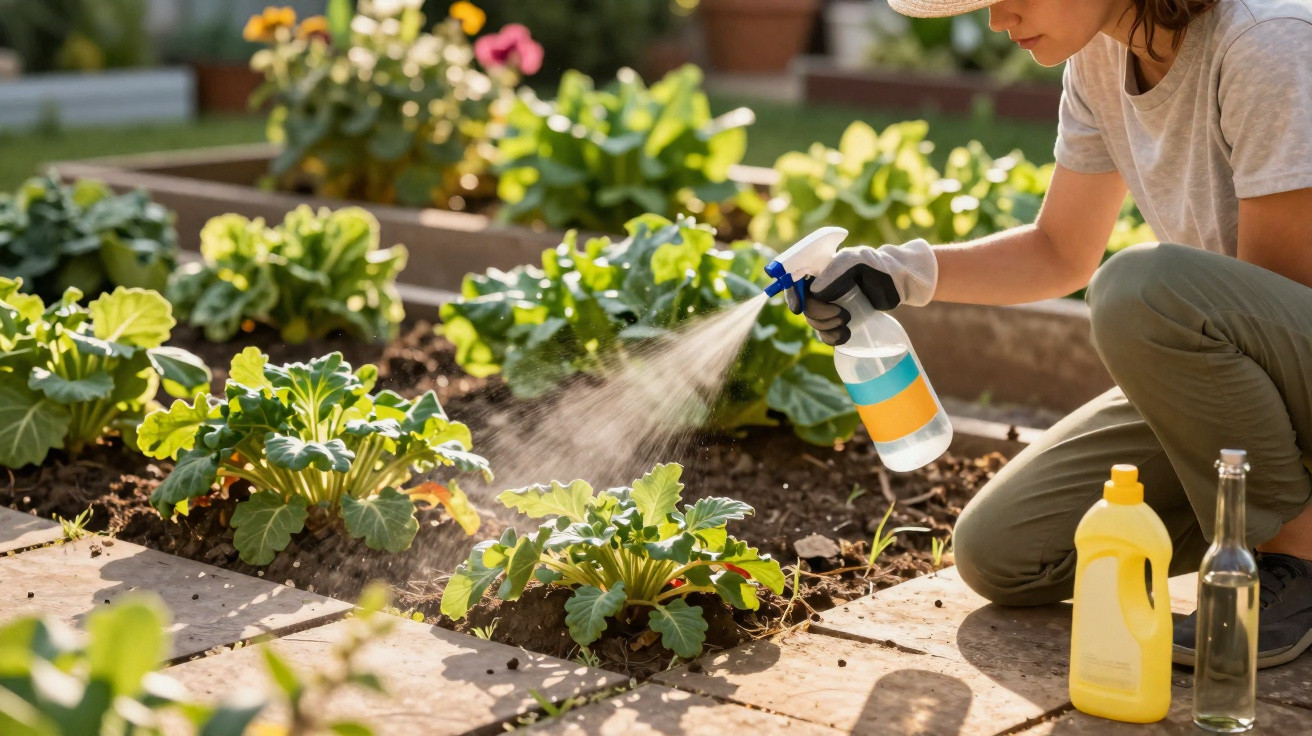Pessoa regando plantas em canteiros elevados com pulverizador em jardim ensolarado.