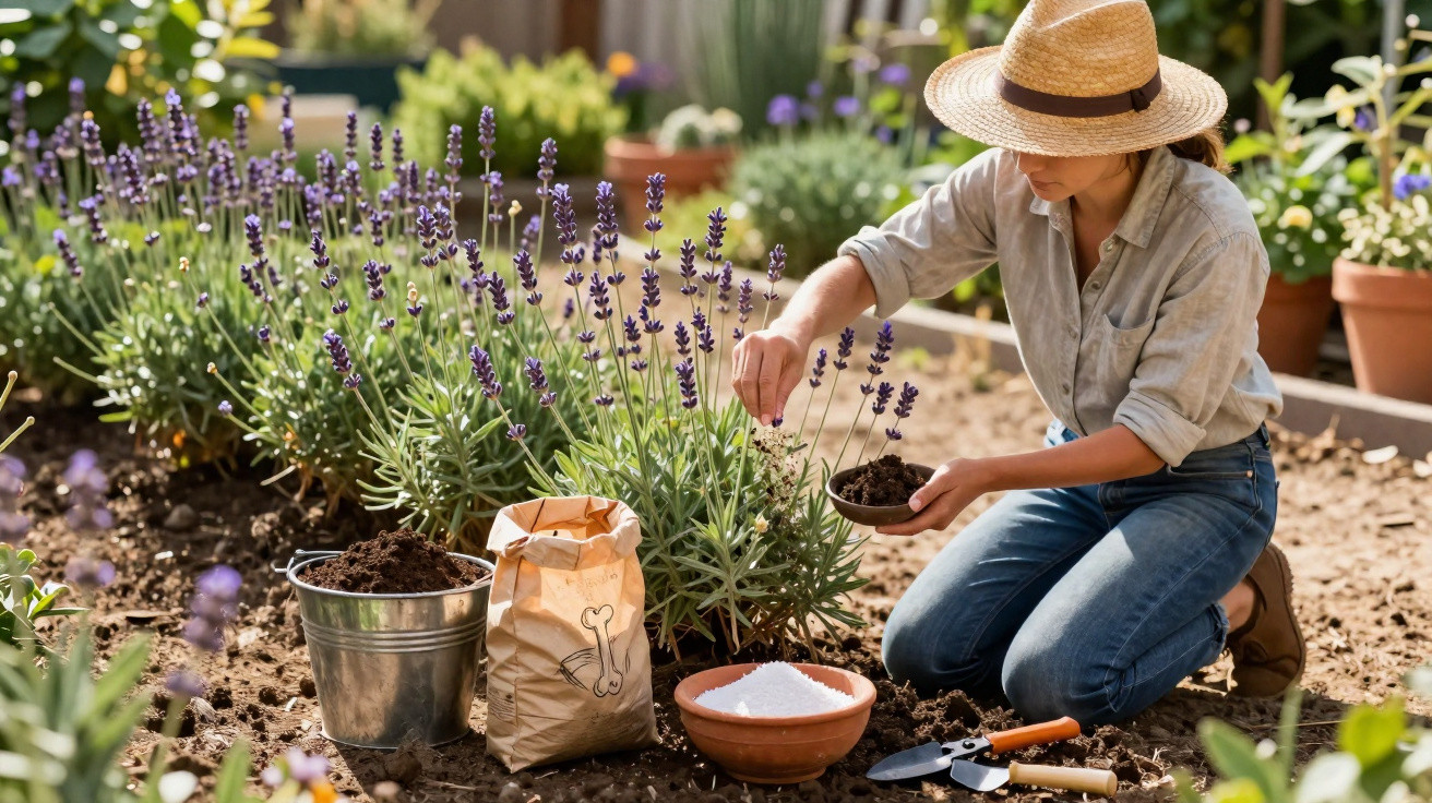 Mulher de chapéu cultivando lavandas em jardim com ferramentas e sacos de adubo ao redor.