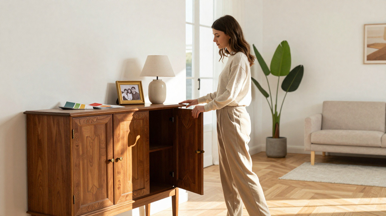 Mulher abrindo armário de madeira em sala iluminada com sofá, planta e quadro ao fundo.