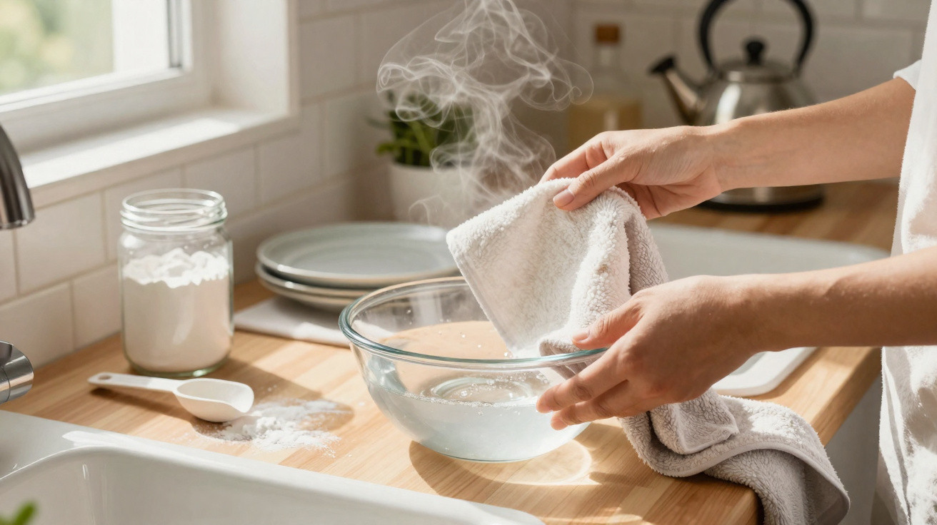 Mãos secando um prato de vidro sobre bancada de cozinha iluminada, com vapor e utensílios ao redor.