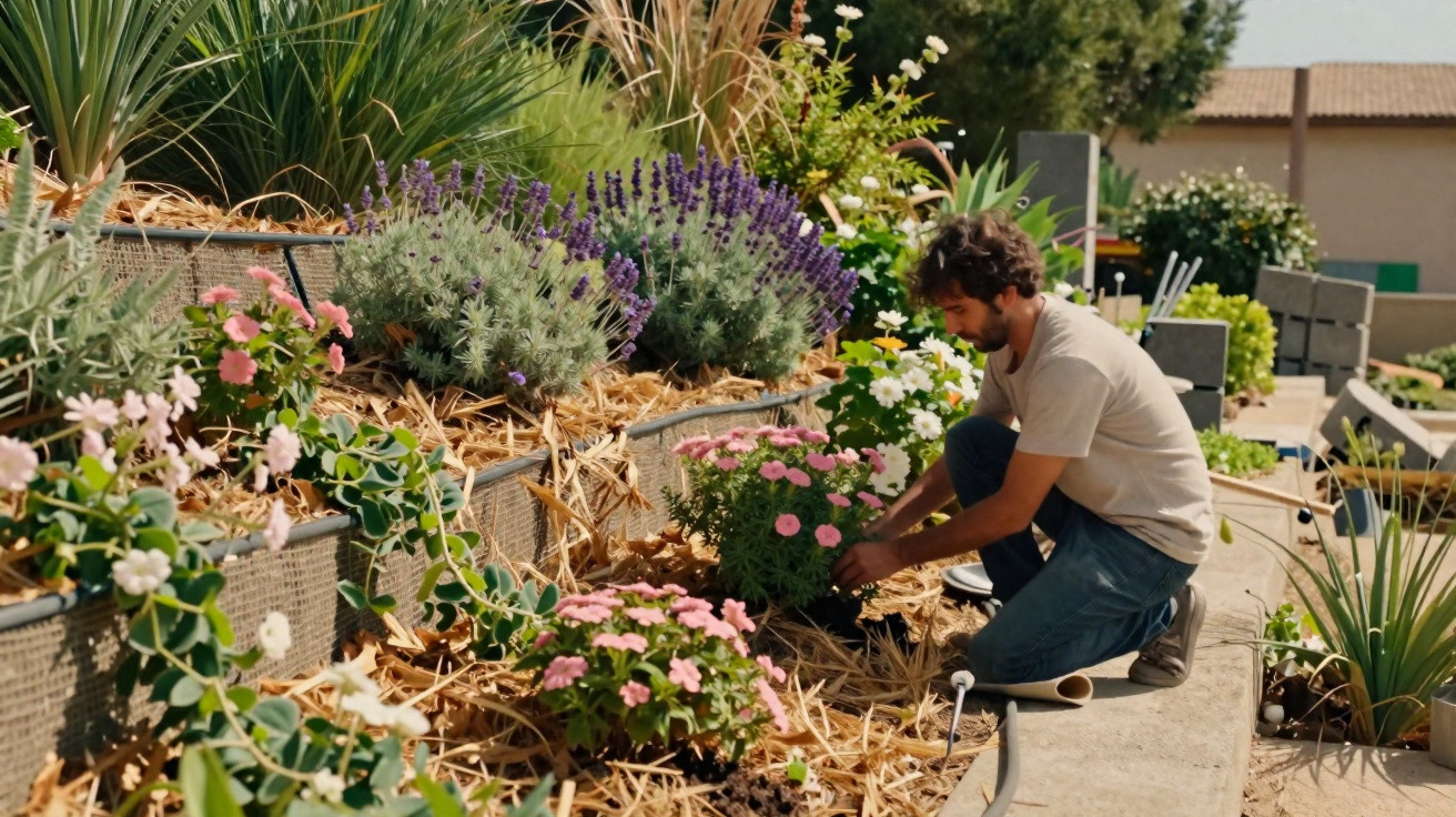 Homem cuidando de flores coloridas em canteiros elevados cobertos com palha em jardim ao ar livre.