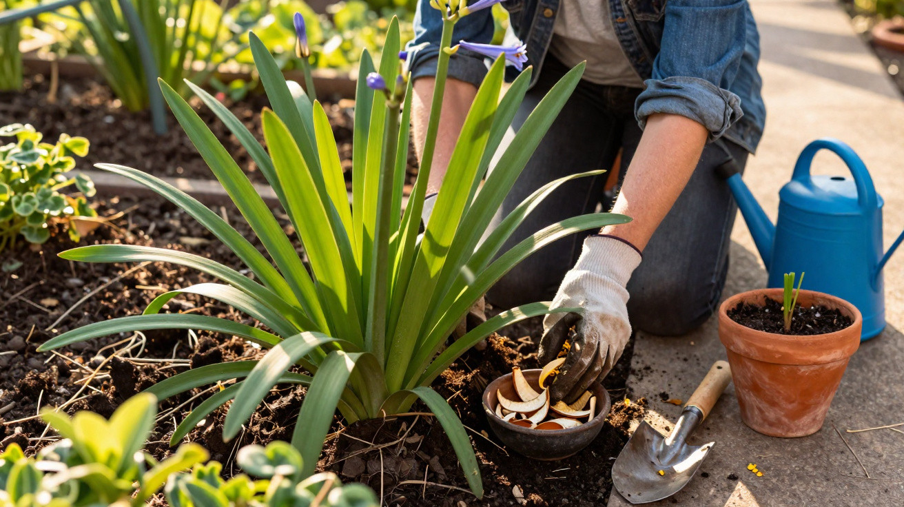 Pessoa com luvas plantando bulbos no jardim, com regador, vaso e pá ao lado.