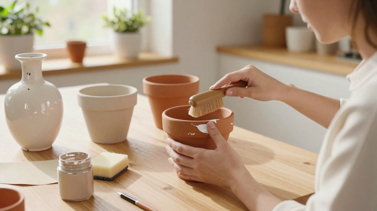 Pessoa limpando vaso de barro com escova em mesa de madeira com outros vasos e utensílios.
