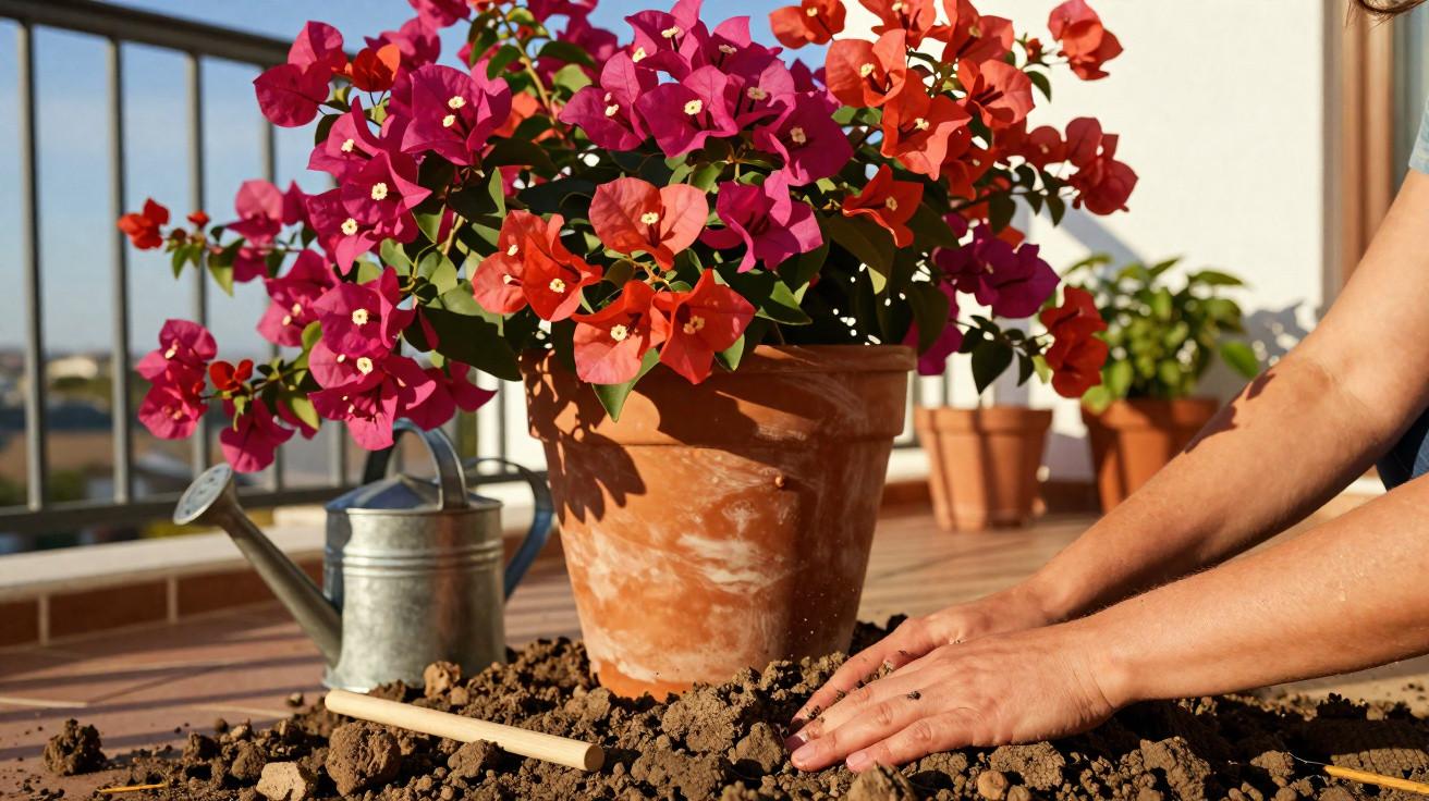 Pote de terracota com flores rosas e vermelhas ao lado de regador e mãos mexendo na terra em varanda.