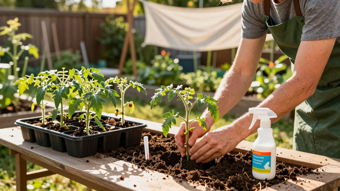 Pessoa transplantando muda de tomate em canteiro de terra em jardim ao ar livre.