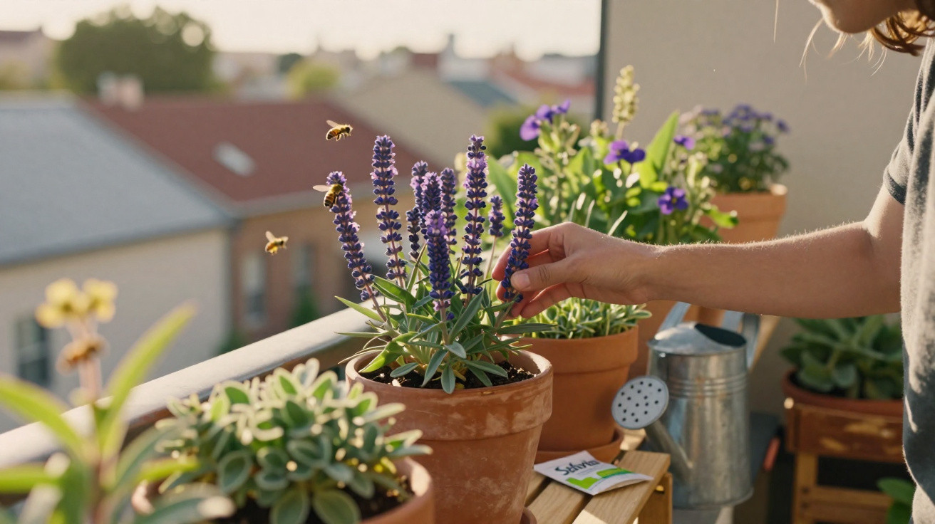 Pessoa cuidando de plantas em vasos com flores roxas, abelhas voando ao redor, em varanda ensolarada.