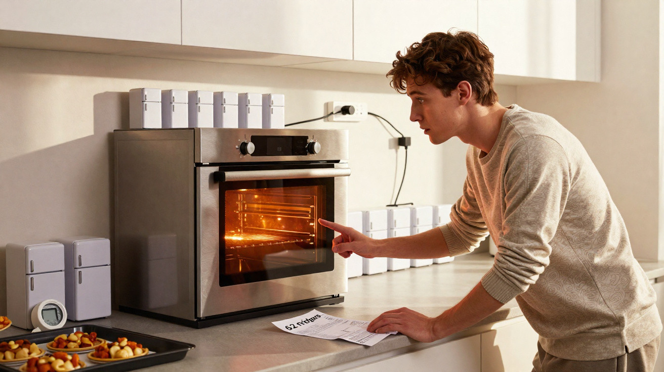 Homem vestindo suéter claro ajustando forno elétrico embutido na cozinha moderna.