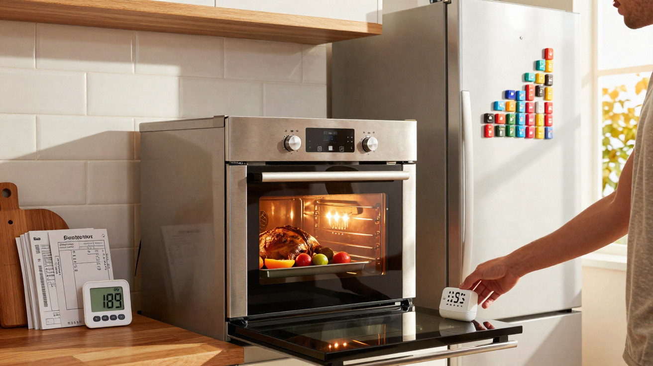 Cozinha com forno elétrico aberto assando frango com legumes e pessoa segurando timer branco.