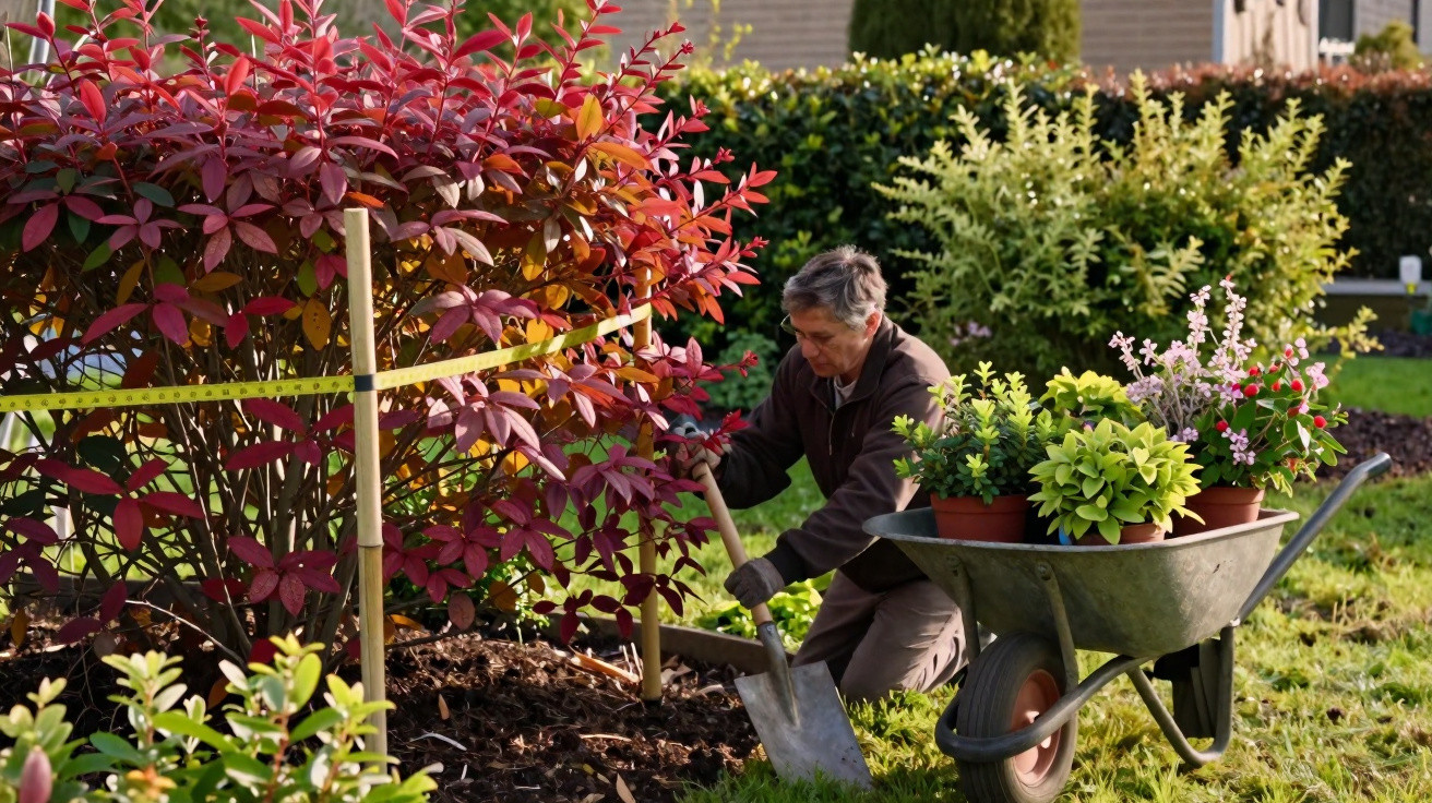 Homem plantando arbusto vermelho no jardim com carrinho cheio de plantas floridas ao lado.