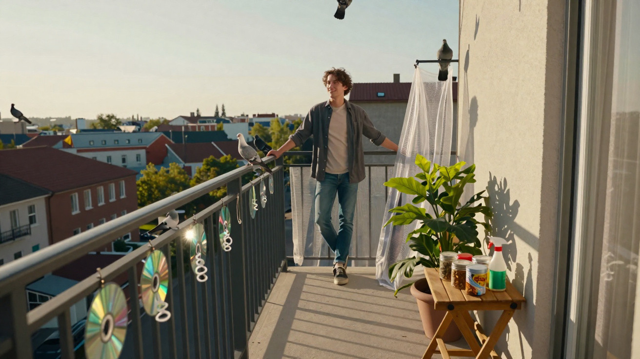 Jovem em varandai de apartamento com pássaros, plantas e luz do sol ao entardecer.