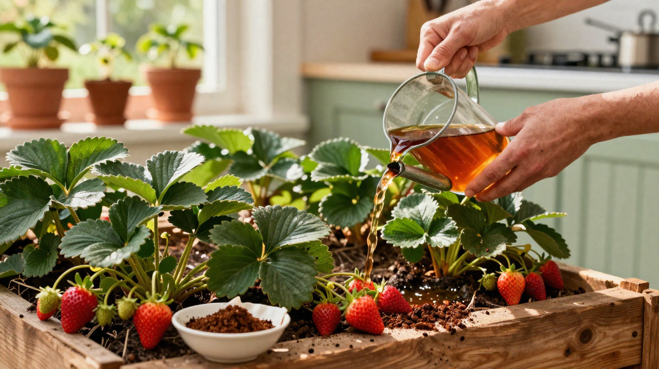 Pessoa regando plantas de morango em vaso de madeira dentro de casa com regador de vidro.