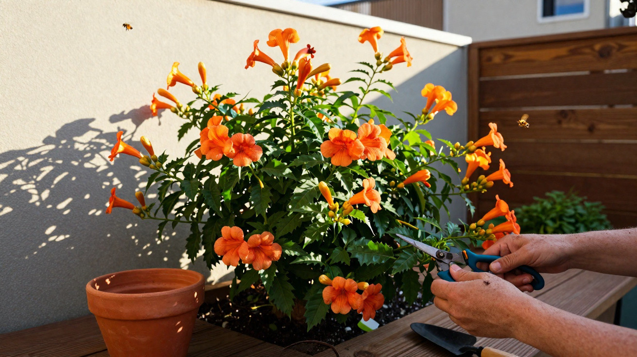 Pessoa podando flores laranja em vaso no jardim, com abelhas voando ao redor.