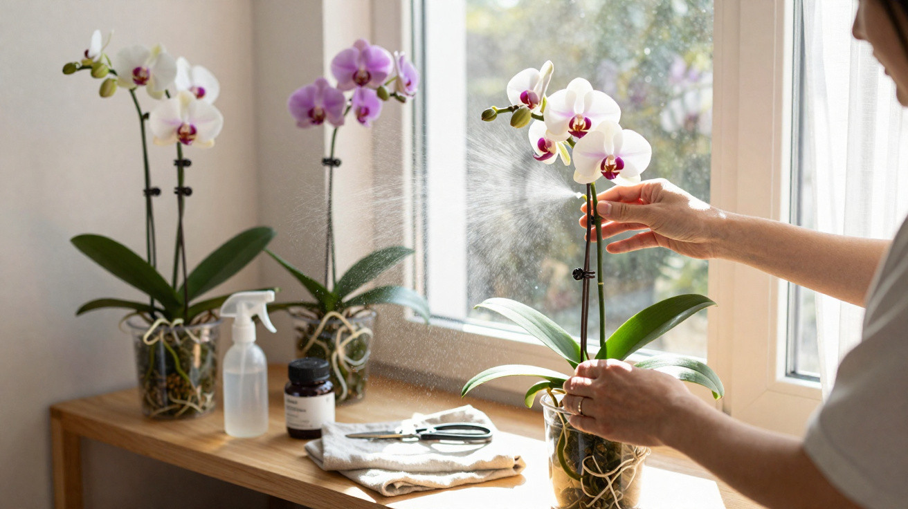 Pessoa borrifando água em orquídea branca dentro de casa perto da janela iluminada pelo sol.