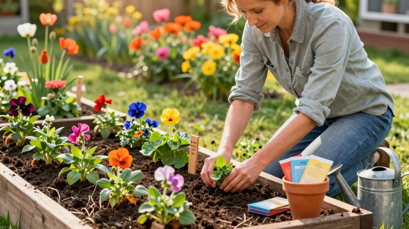 Mulher plantando flores coloridas em canteiro de madeira em jardim ao ar livre.