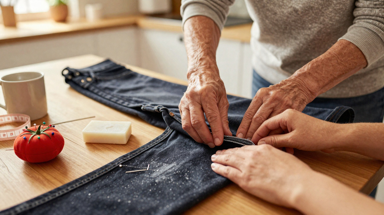 Duas pessoas costurando botão em calça jeans azul sobre mesa com alfinetes, sabão e caneca.