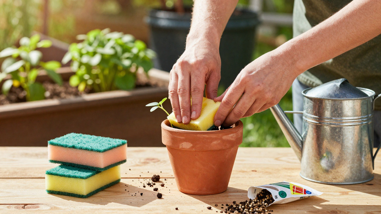 Mãos limpando vaso de planta com esponja, regador e sementes sobre mesa de madeira ao ar livre.