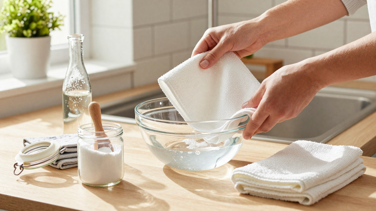Mãos segurando pano branco sobre tigela de vidro com água em bancada de cozinha iluminada.