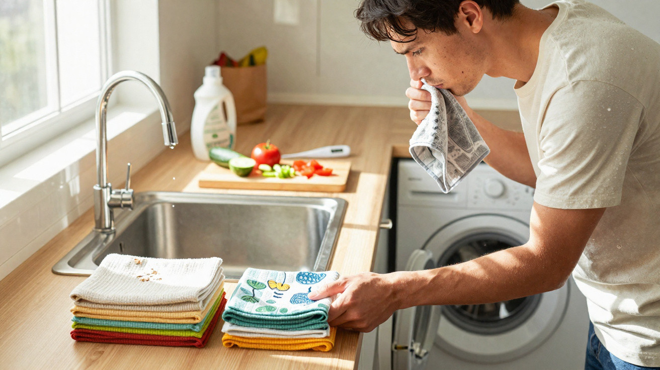 Homem cheirando pano de prato enquanto organiza toalhas dobradas na cozinha iluminada.