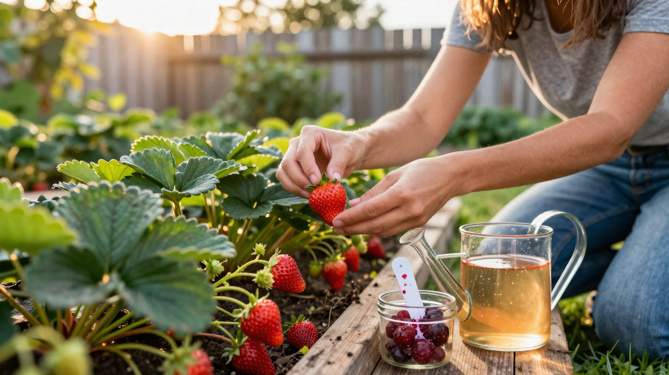 Pessoa colhendo morango em horta caseira com regador e recipiente com frutas vermelhas ao lado.