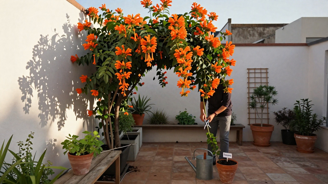 Pessoa cuidando de planta com flores laranja em pátio com vasos e bancos de madeira.