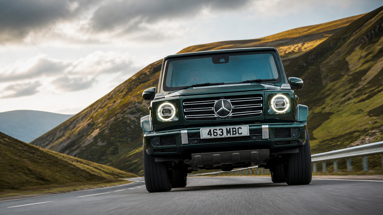 SUV Mercedes-Benz G-Class preto dirigindo em estrada montanhosa sob céu nublado.