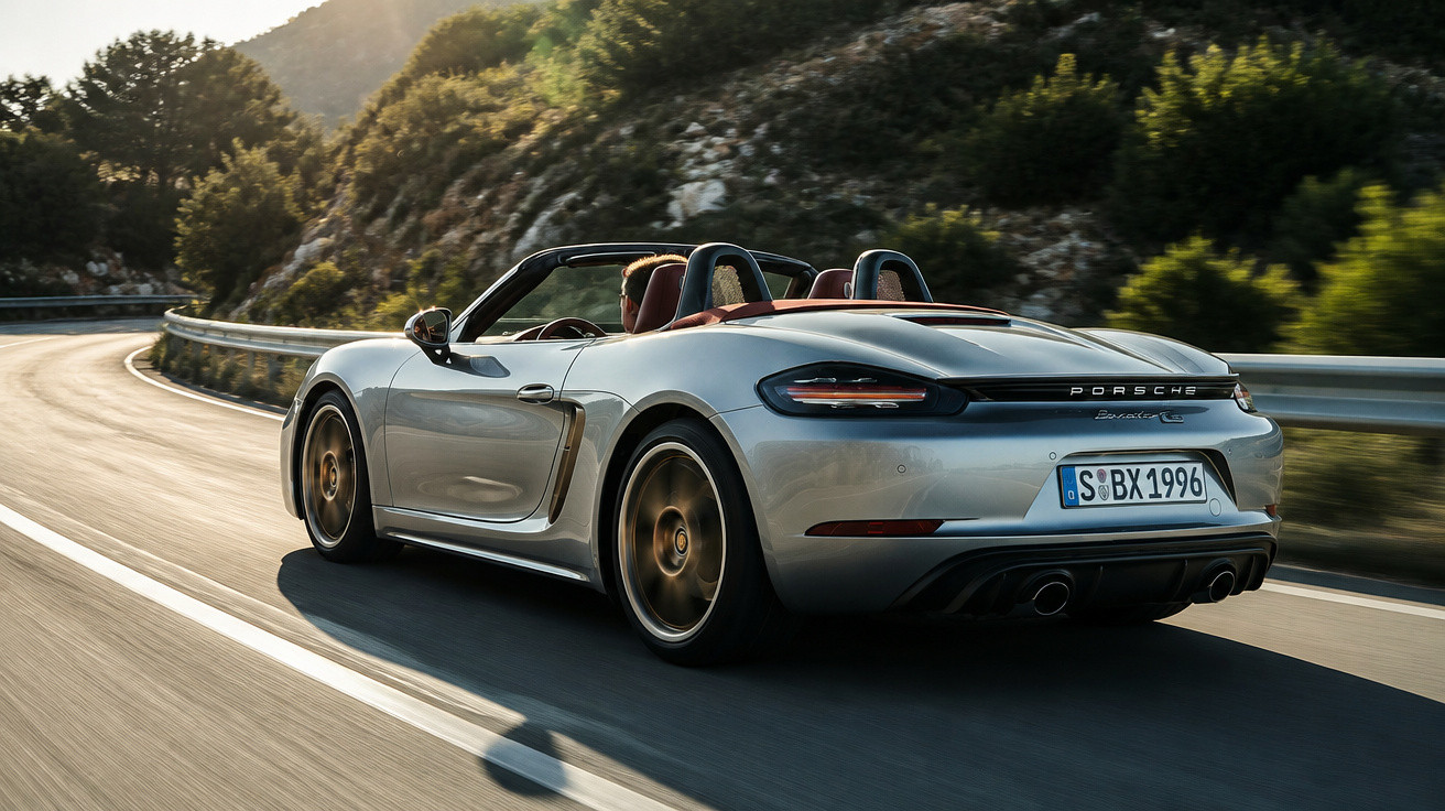 Carro esportivo conversível prata Porsche 718 Boxster dirigindo em estrada sinuosa com montanhas ao fundo.