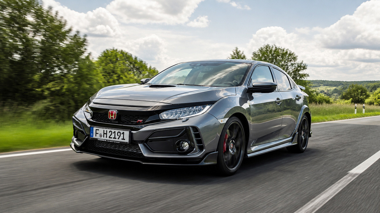 Carro esportivo Honda Civic cinza escuro em movimento em estrada cercada por árvores e céu com nuvens.