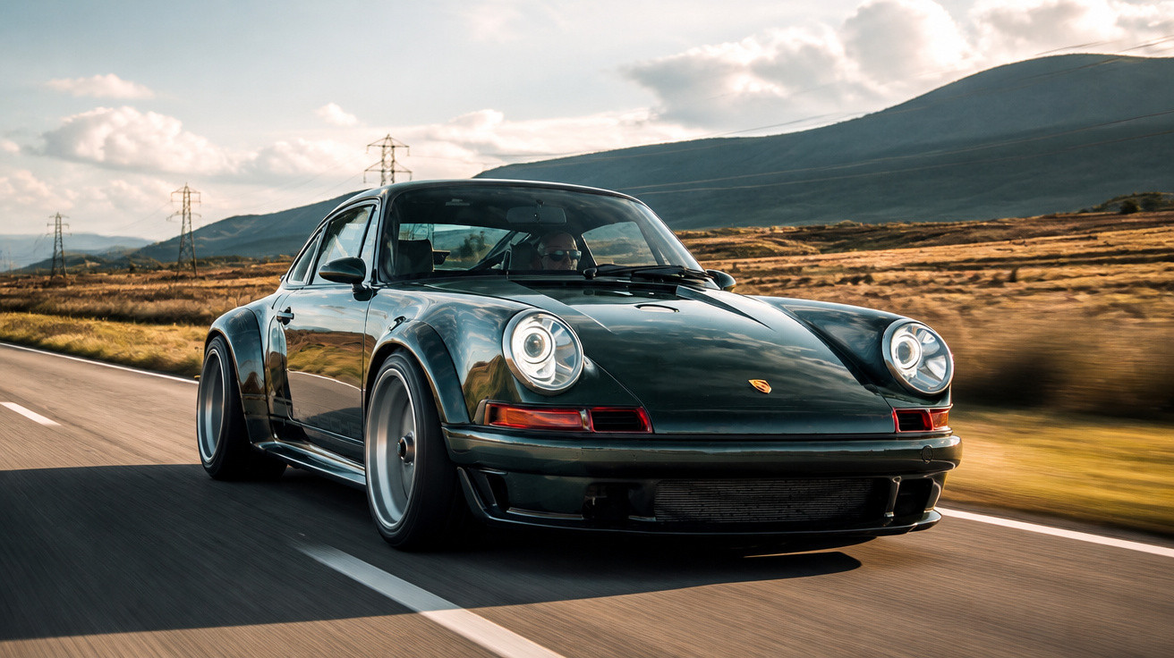 Carro esportivo Porsche clássico preto dirigindo em estrada aberta com paisagem montanhosa ao fundo.