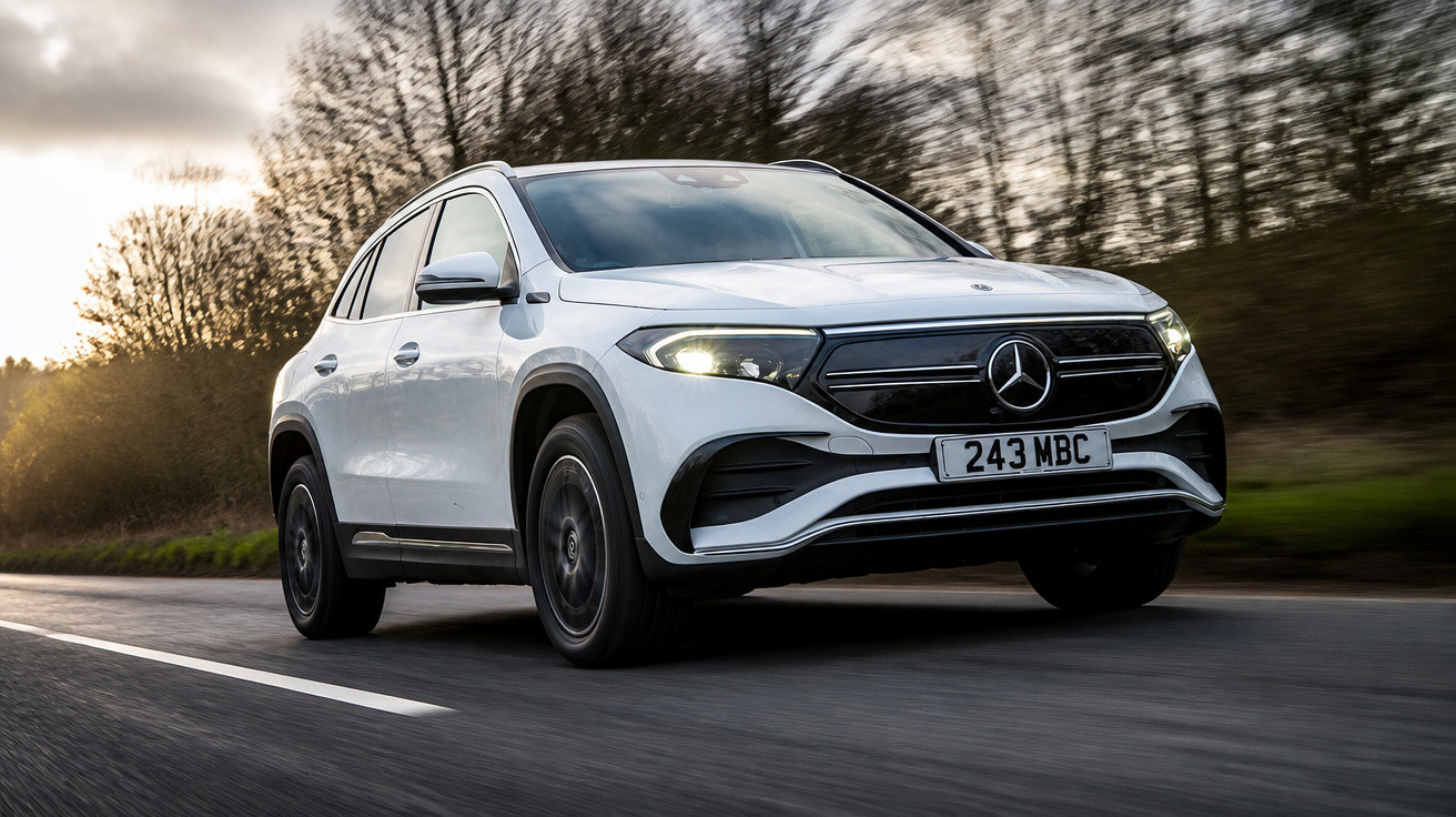 SUV branco da Mercedes-Benz em movimento em estrada com árvores ao fundo ao entardecer.