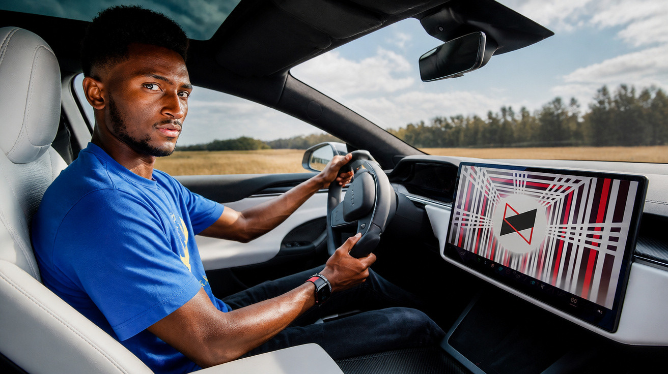 Homem dirigindo carro moderno com tela digital grande exibindo padrões geométricos coloridos.