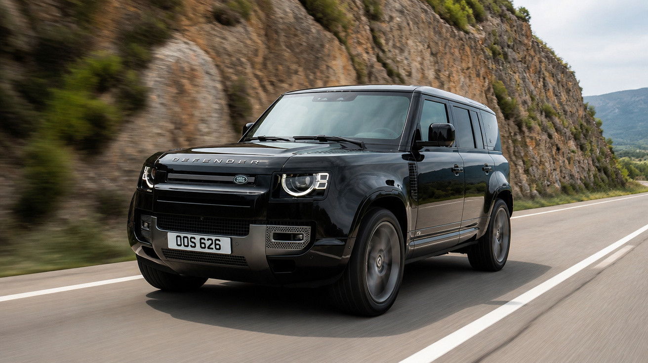 Carro SUV preto Land Rover Defender circulando em estrada asfaltada com montanhas ao fundo.