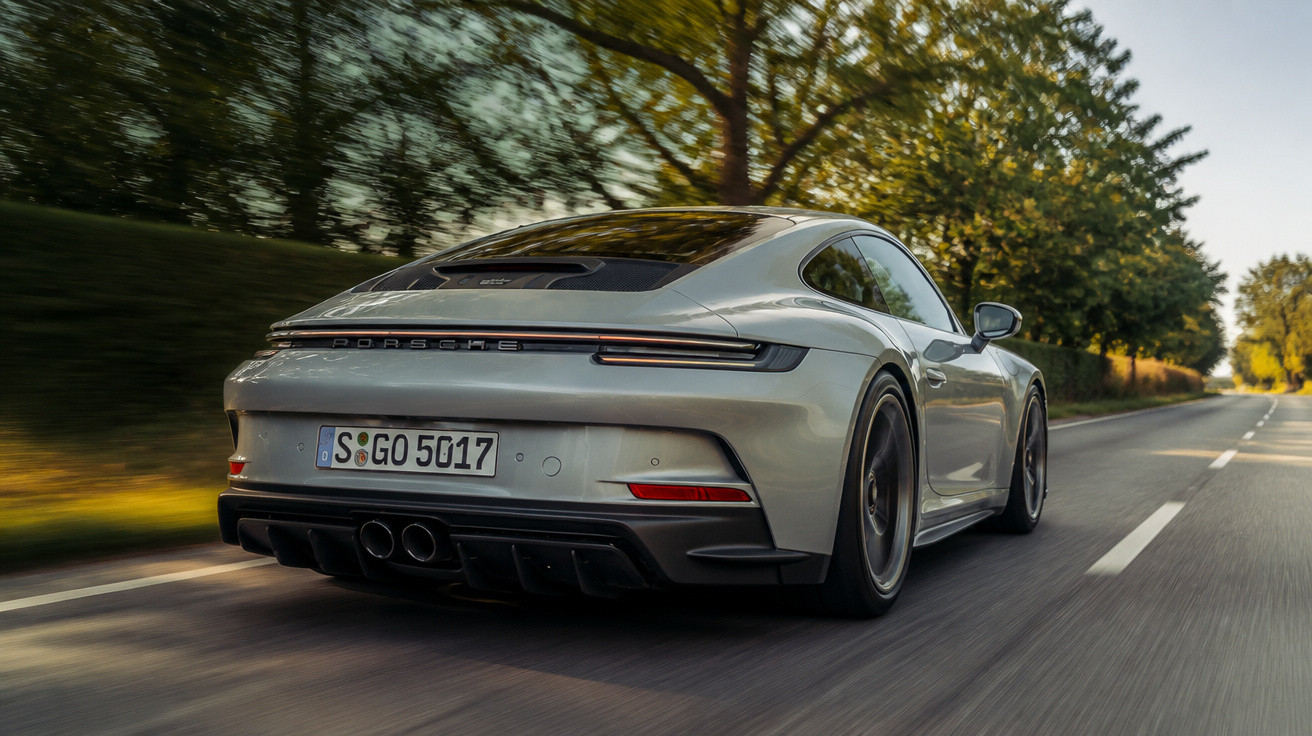 Carro esportivo Porsche cinza claro em movimento numa estrada cercada por árvores.