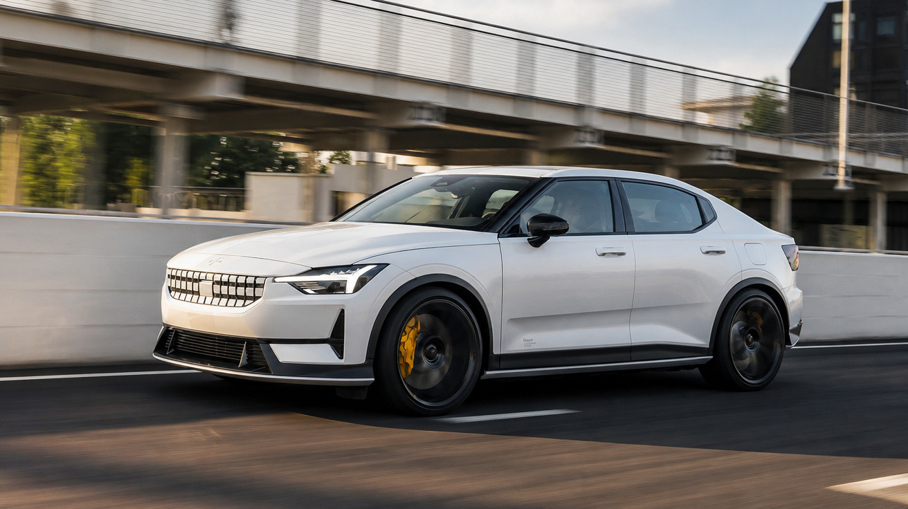 Carro elétrico branco em movimento na estrada com arquitetura urbana ao fundo.