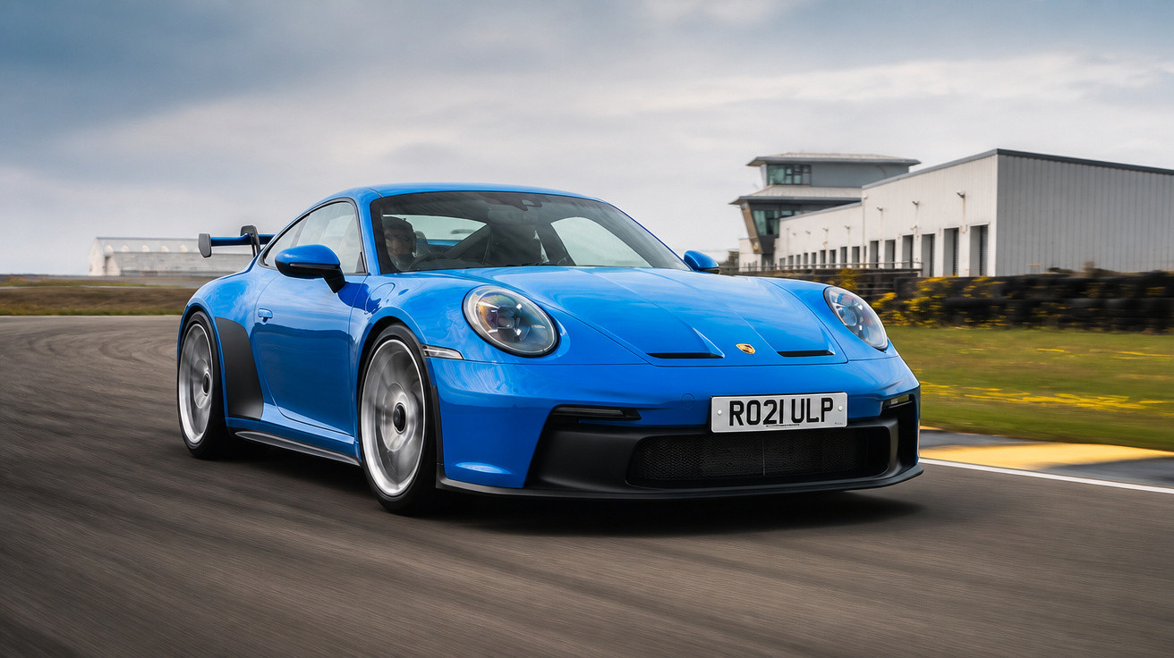 Carro esportivo azul em pista de corrida com edifício ao fundo em dia nublado.