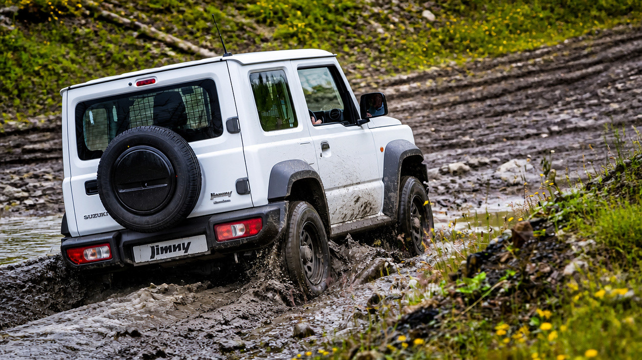 Carro branco Suzuki Jimny trafegando por terreno lamacento e irregular em área verde.
