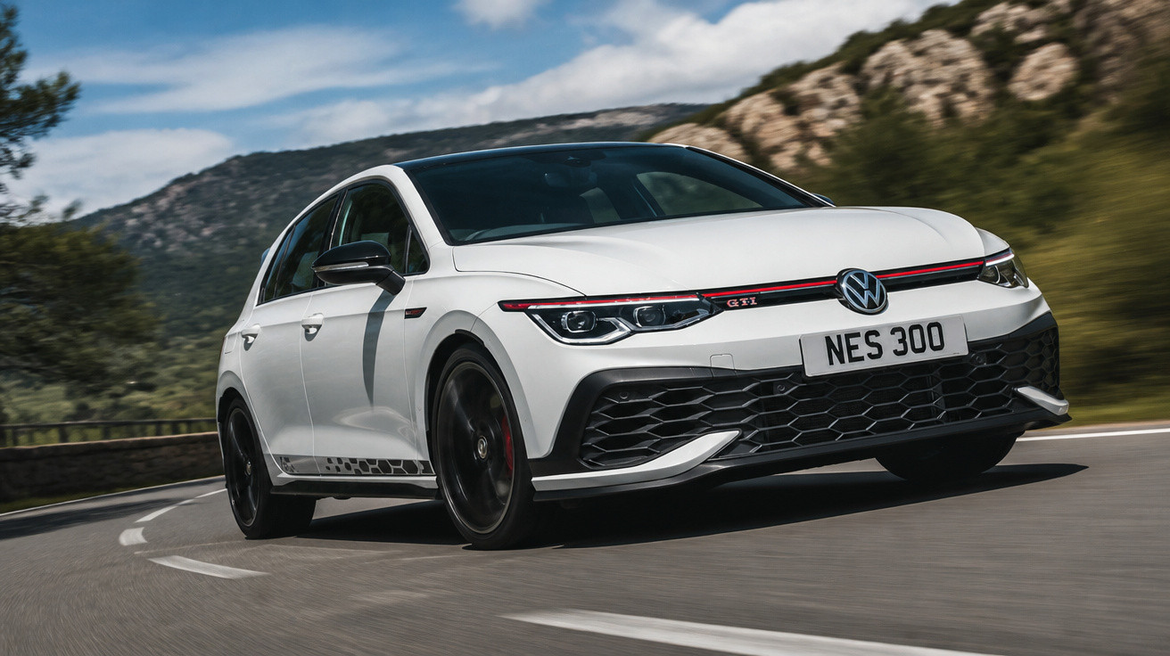 Carro branco Volkswagen Golf GTI em curva numa estrada com paisagem montanhosa ao fundo.