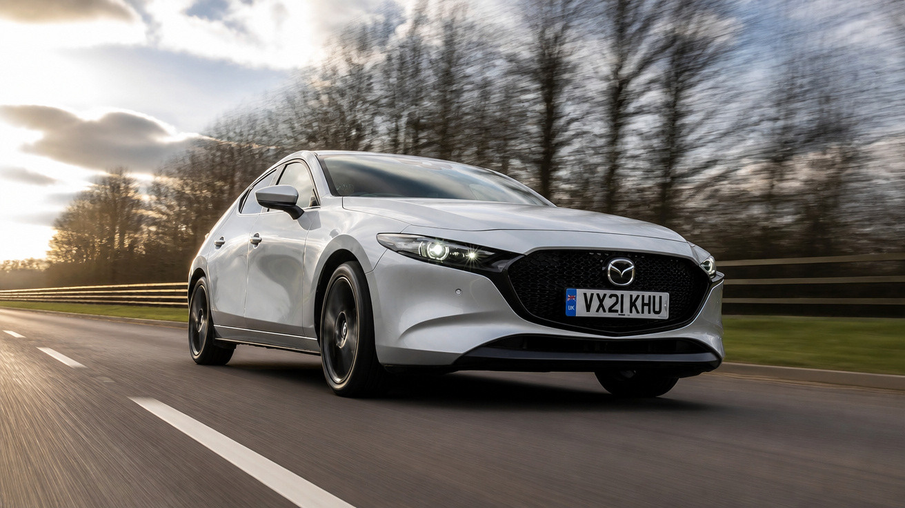 Carro branco Mazda em movimento em estrada com árvores e céu nublado ao fundo.