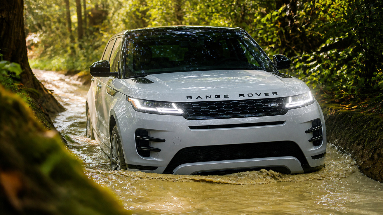 Carro branco Range Rover atravessando estrada alagada em área verde e florestal.