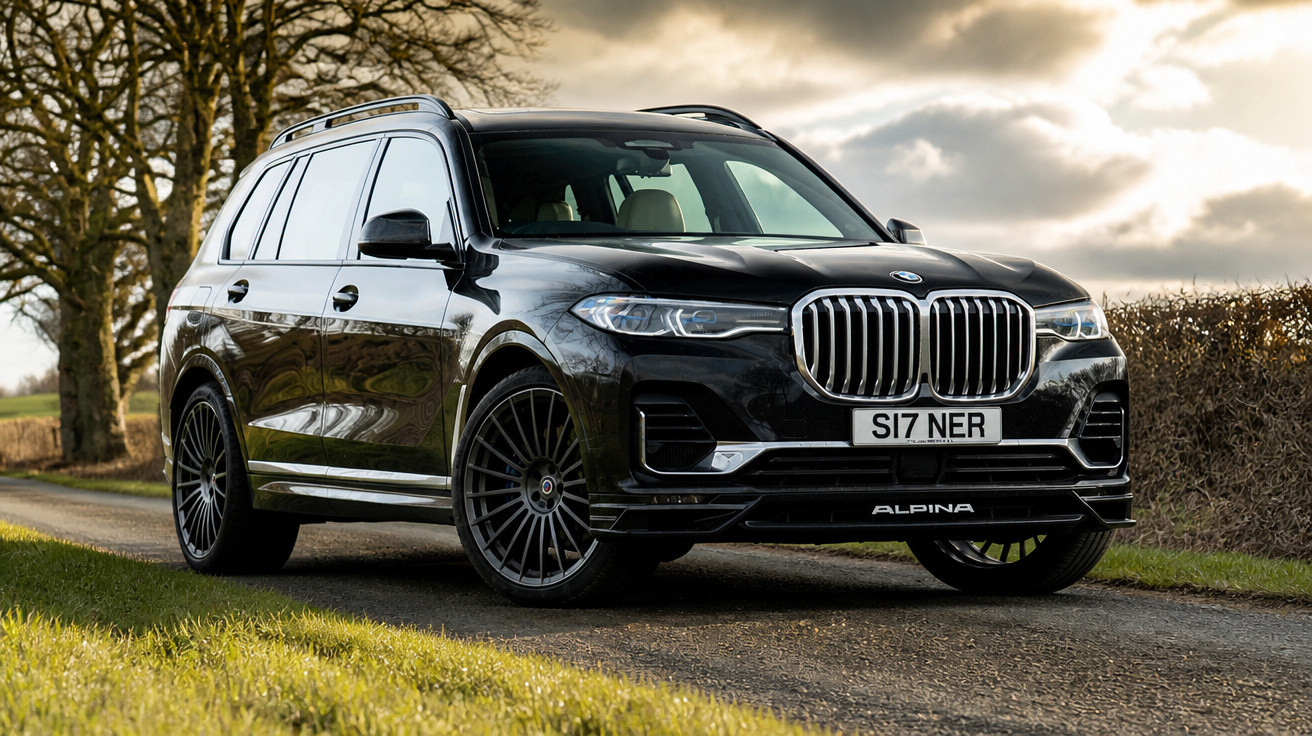 SUV preto BMW Alpina estacionado em estrada rural com árvores e céu nublado ao fundo.