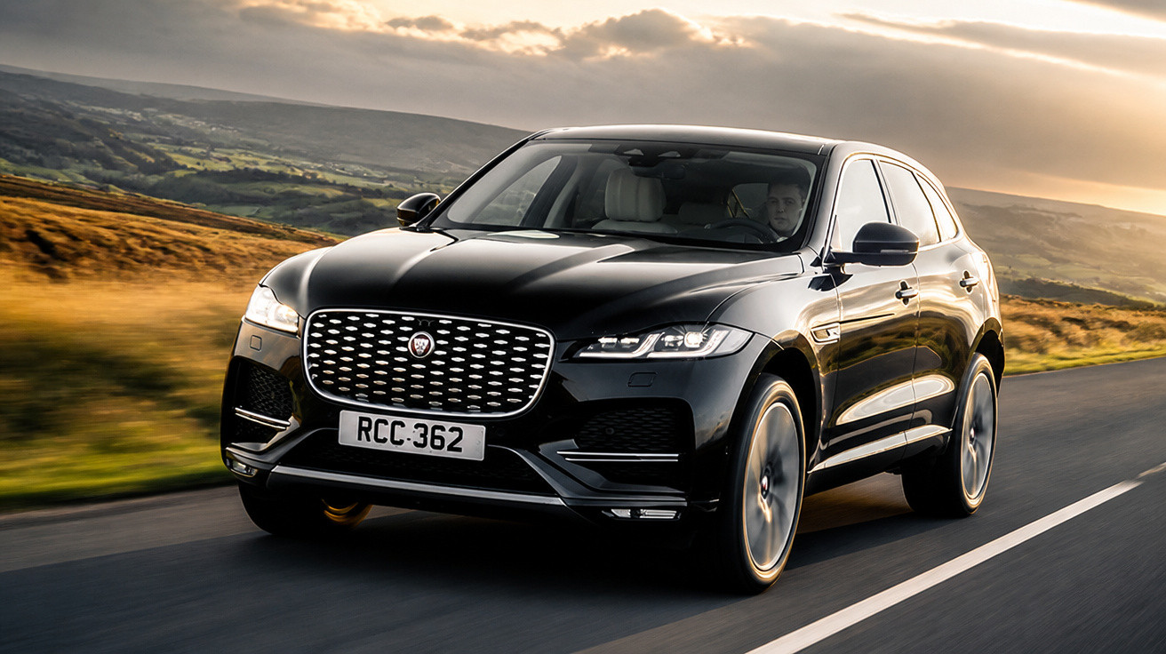 Carro SUV preto da Jaguar em estrada com paisagem de colinas ao entardecer.