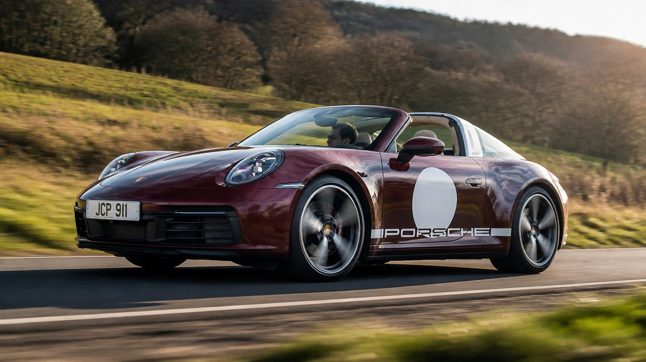 Carro esportivo Porsche 911 Targa vermelho em movimento em estrada com paisagem ao fundo.