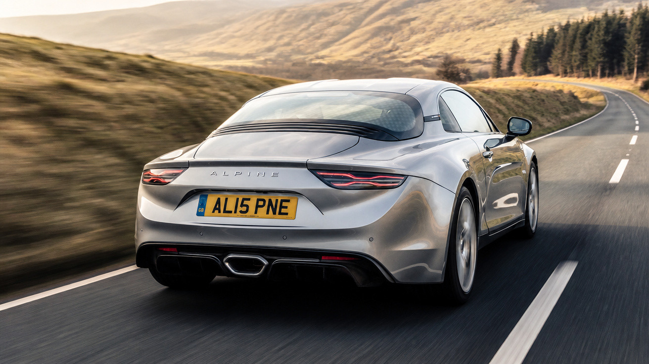 Carro esportivo prata Alpine dirigindo em estrada sinuosa, com colinas e árvores ao fundo.