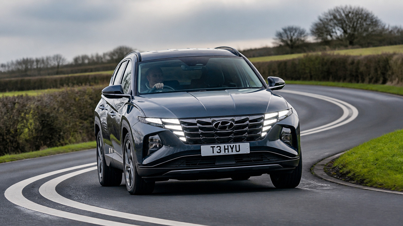 SUV cinza da Hyundai circulando em estrada sinuosa cercada por vegetação e céu nublado.