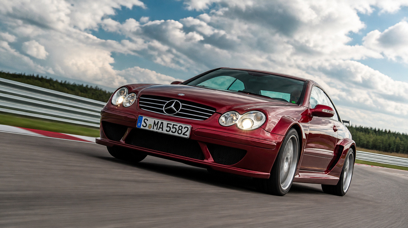 Carro esportivo Mercedes-Benz vermelho em alta velocidade em pista de corrida sob céu nublado.