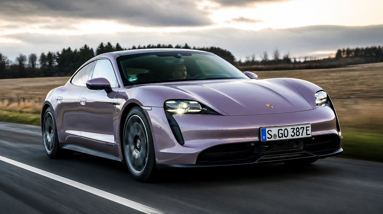 Carro esportivo elétrico Porsche Taycan roxo em movimento em estrada rural ao entardecer.