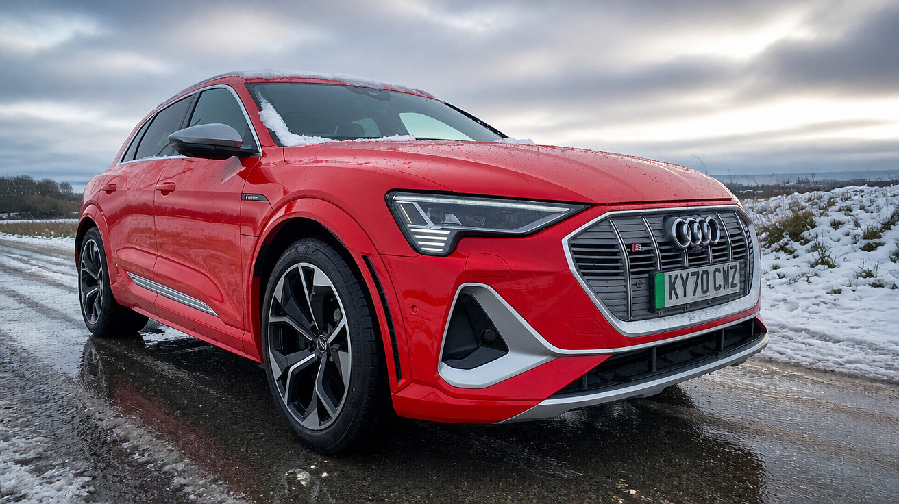 Carro Audi vermelho estacionado em estrada molhada com neve ao redor sob céu nublado.