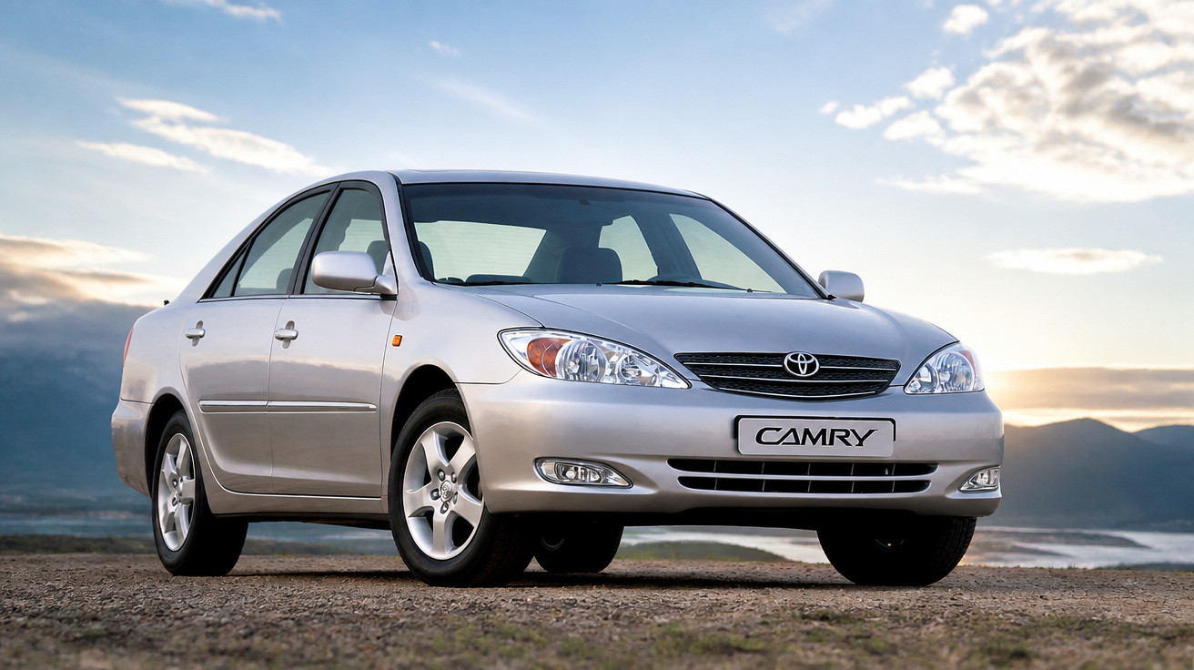 Carro Toyota Camry prata estacionado em estrada de terra com céu nublado ao fundo.
