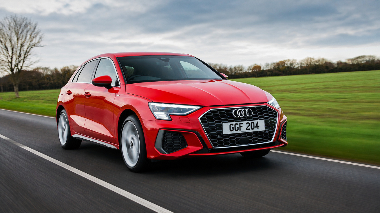 Carro Audi vermelho moderno em movimento em estrada asfaltada com campo verde ao lado e céu nublado.