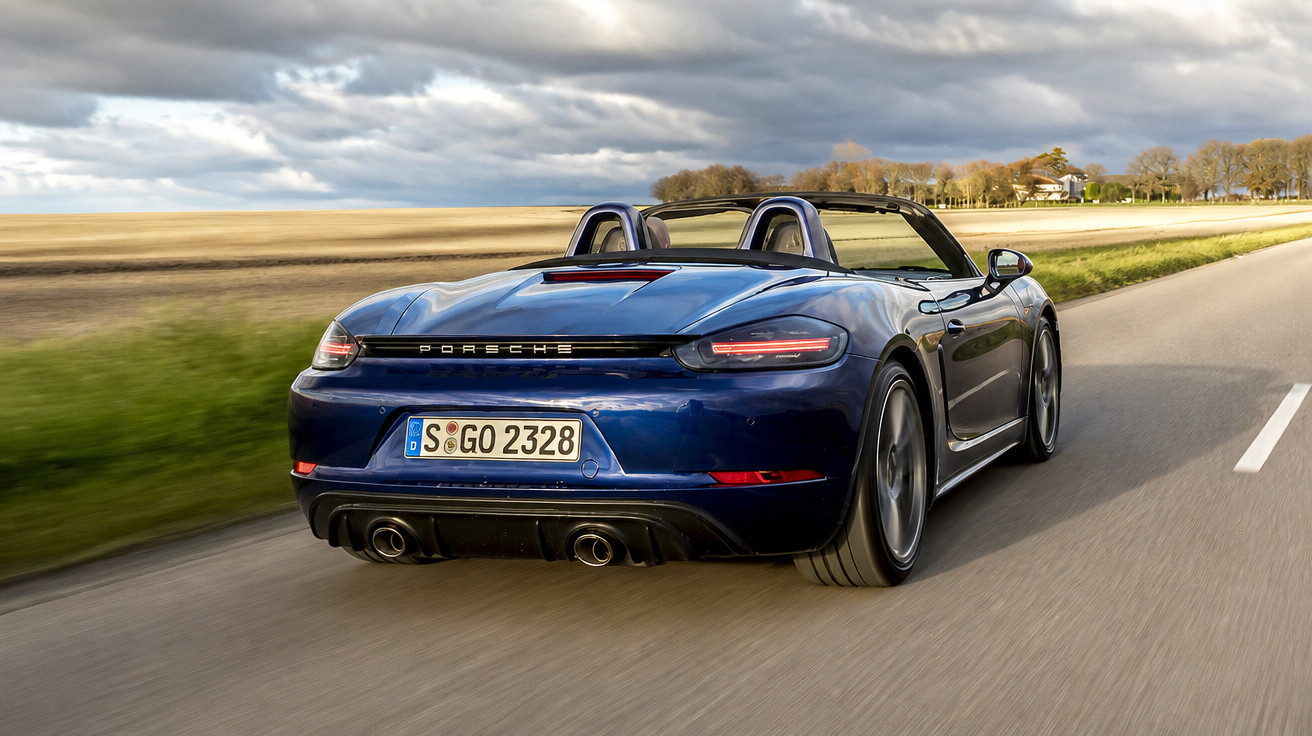 Carro conversível esportivo azul da Porsche em estrada reta, céu nublado e campo ao redor.
