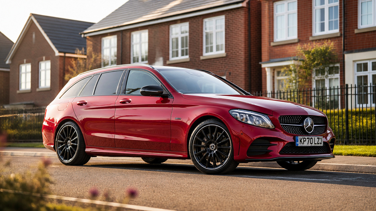 Carro esportivo vermelho Mercedes-Benz estacionado em rua residencial com casas ao fundo.